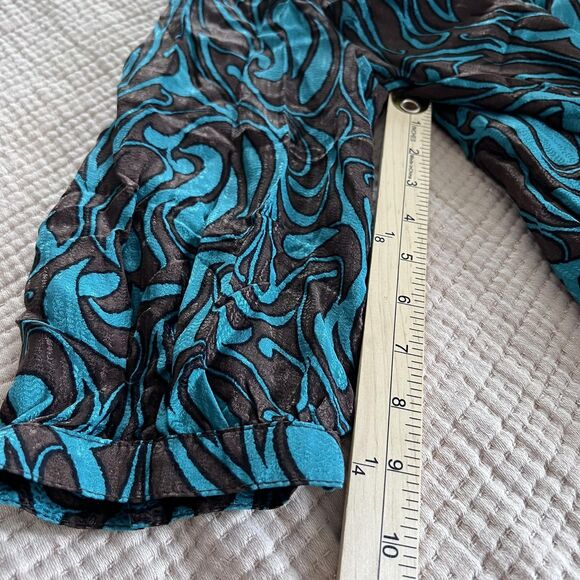 Trina Turk Shirt Womens Petite Brown Teal Silk Jacquard Button Blouse 3/4 Sleeve - Picture 9 of 12